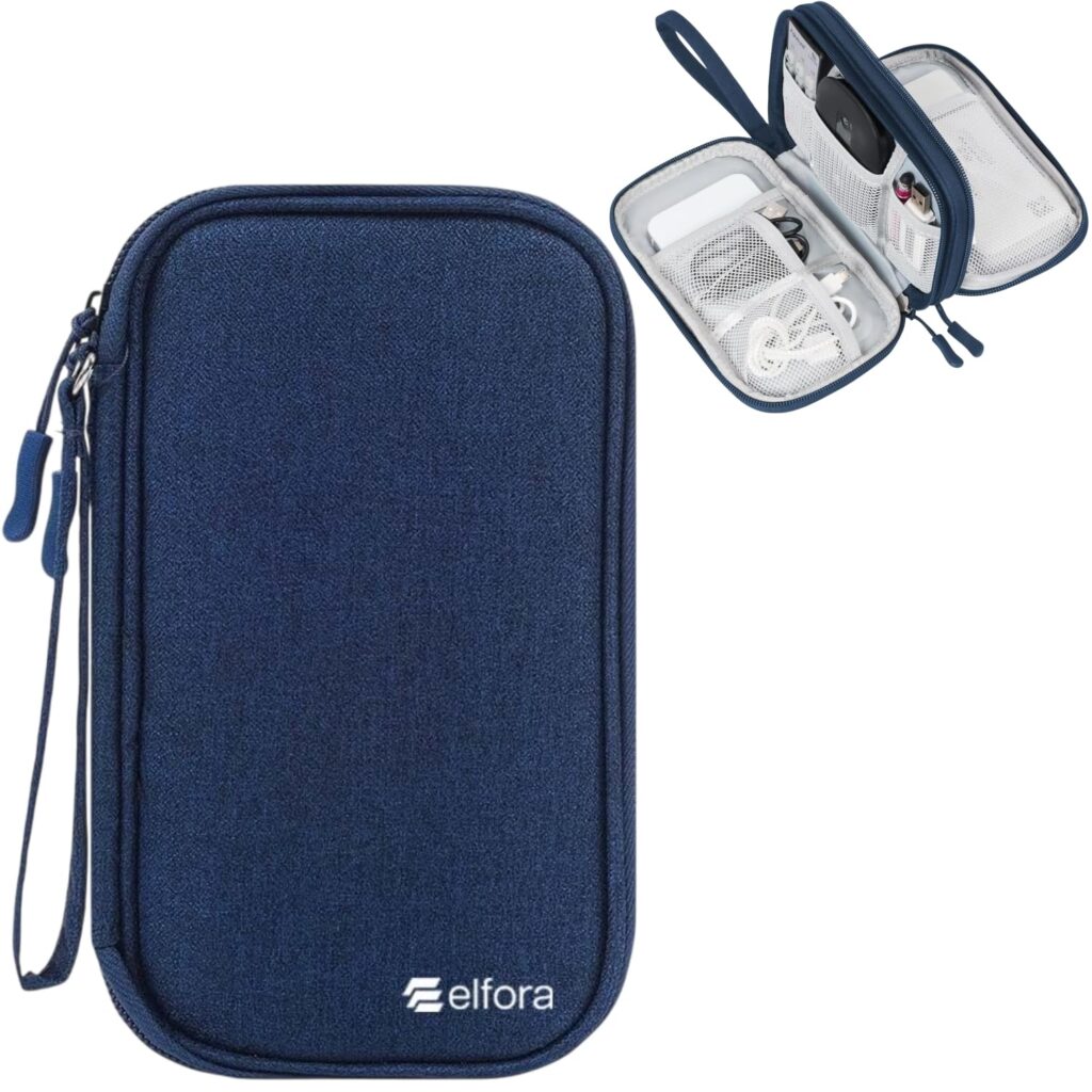 Elfora Big Cable Organizer Bag | Spacious 27X16Cm Double Layer Storage Pouch for Charger, Cables, Power Bank, Hard Disk & Accessories | Portable Travel Case with Mesh Pockets & Zipper Closure – Blue