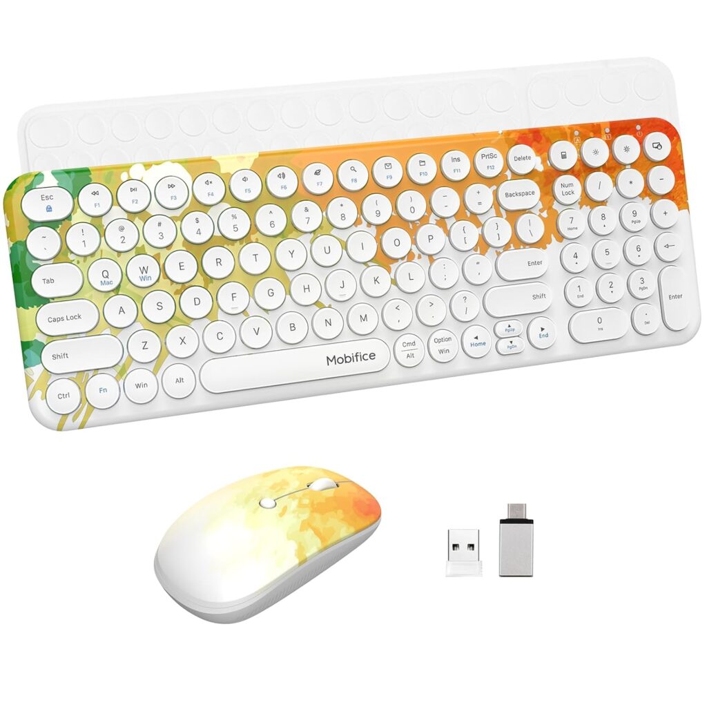 Wireless Keyboard and Mouse Combo 2.4GHzUSB Ultra-Thin Cute Cordless Compact-Sized Silent Retro computer keyboard&mouse Set for office PC Computer,Laptop,Windows,Mac,Microsoft,Tablets(Graffiti Orange)