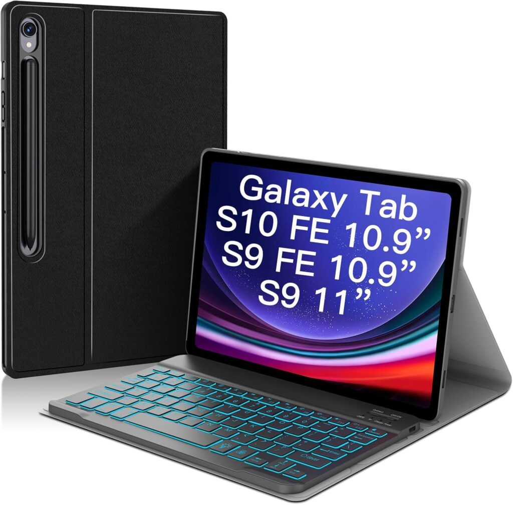JUQITECH Backlit Keyboard Case for Samsung Galaxy Tab S10 FE S9 FE 5G 10.9 Inch S9 11 Inch, Detachable Slim Soft Tablet Multi-Angle Stand Smart Cover Case with Keyboard Support S Pen Holder Attach