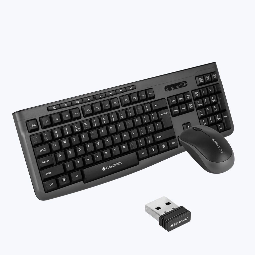 Zebronics Wireless Keyboard & Mouse Combo, 112 UV-Printed Keys, ₹ Key, 8 Multimedia Keys, Retractable Stand, 3 Button Mouse, 1200 DPI, High Precision, USB Nano Receiver (Companion 112, Black)