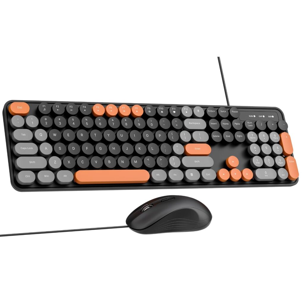 Dr Luxur Mysterio Wired Typewriter Style Keyboard and Mouse Combo, 104 Keys, 2.4 GHz, Colourful Round Keycaps, for Windows, Mac, PC, Laptop, Desktop (Black)