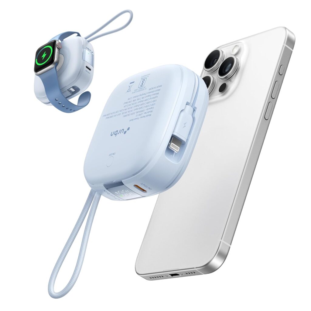 URBN 10000mAh Atom Link 5-in-1 Magsafe Power Bank | Built-in USB Type-C Input & Lightning Cable | 15W Fast Wireless & 20W Wired Charging|Compatible with Apple Watch|Strong Magnetic Hold (Light Blue)