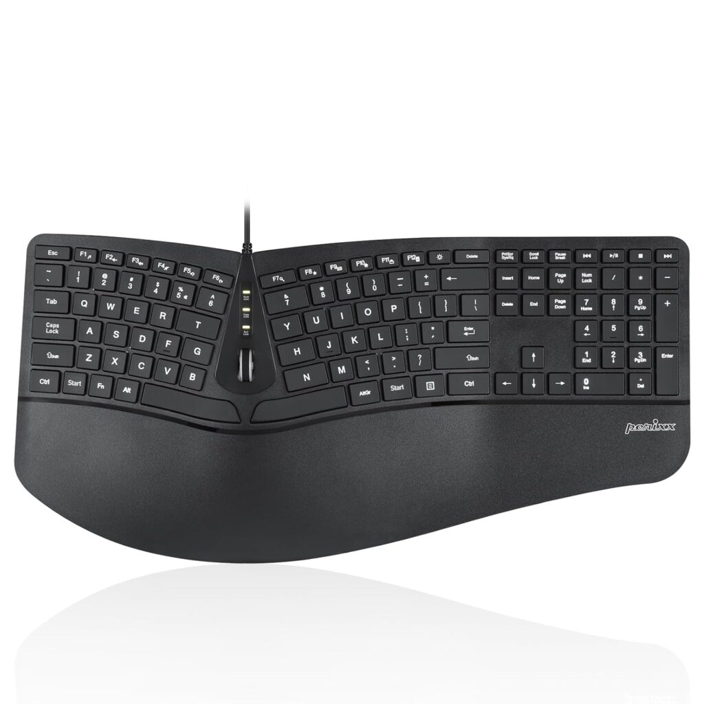 Perixx PERIBOARD-330B, Wired Ergonomic Keyboard with Adjustable Wrist Rest, Illuminated Keys, and Membrane Low Profile Keys, 2 Extra USB Ports, US English Layout
