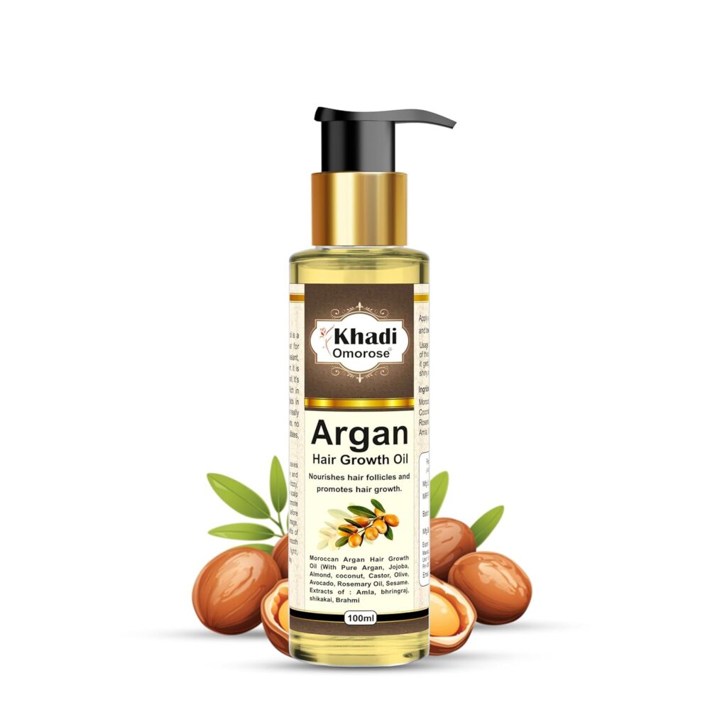 Khadi Omorose Argan Hair Oil - Controls Hair Fall, Makes Hair shiny and Strong (100 ml), (With Argan, Jojoba, Almond, Castor, Olive, Sesame Oil)