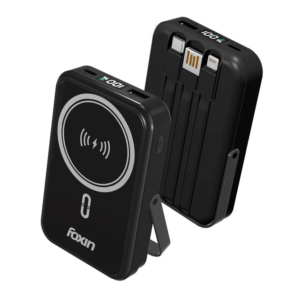 Foxin All-in-One Mag Pro 10000mAh Wireless Power Bank | 22.5W Fast Charging, MagSafe Compatible for iPhone 12–16, Android & Qi-Enabled Devices, Built-in Cables, Metallic Stand, BIS Certified – Black