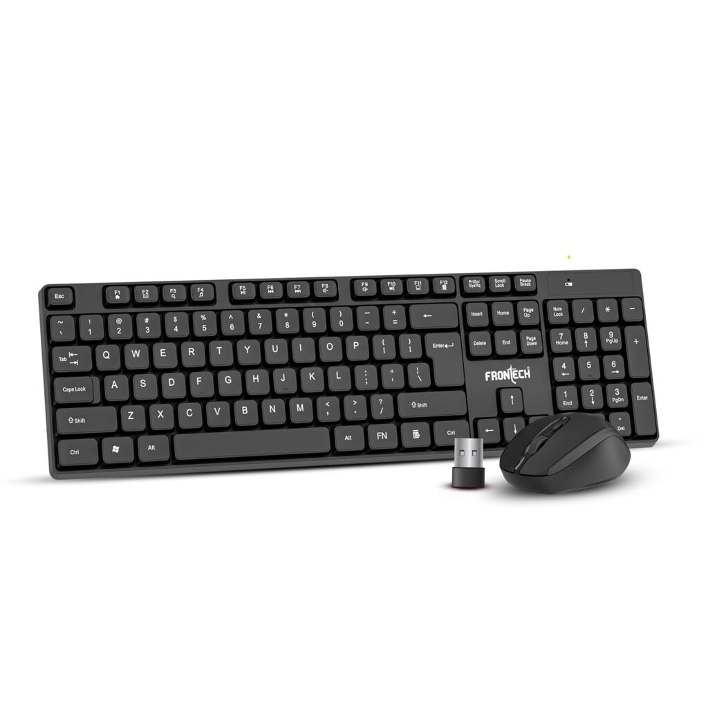 Frontech Wireless Rechargeable Keyboard & Mouse Combo Set | 2.4GHz USB Connectivity | 104 Keys | 3 Buttons | 1600 DPI Mouse | Compatible with PC/Laptop/Mac (KB-0029, Black)