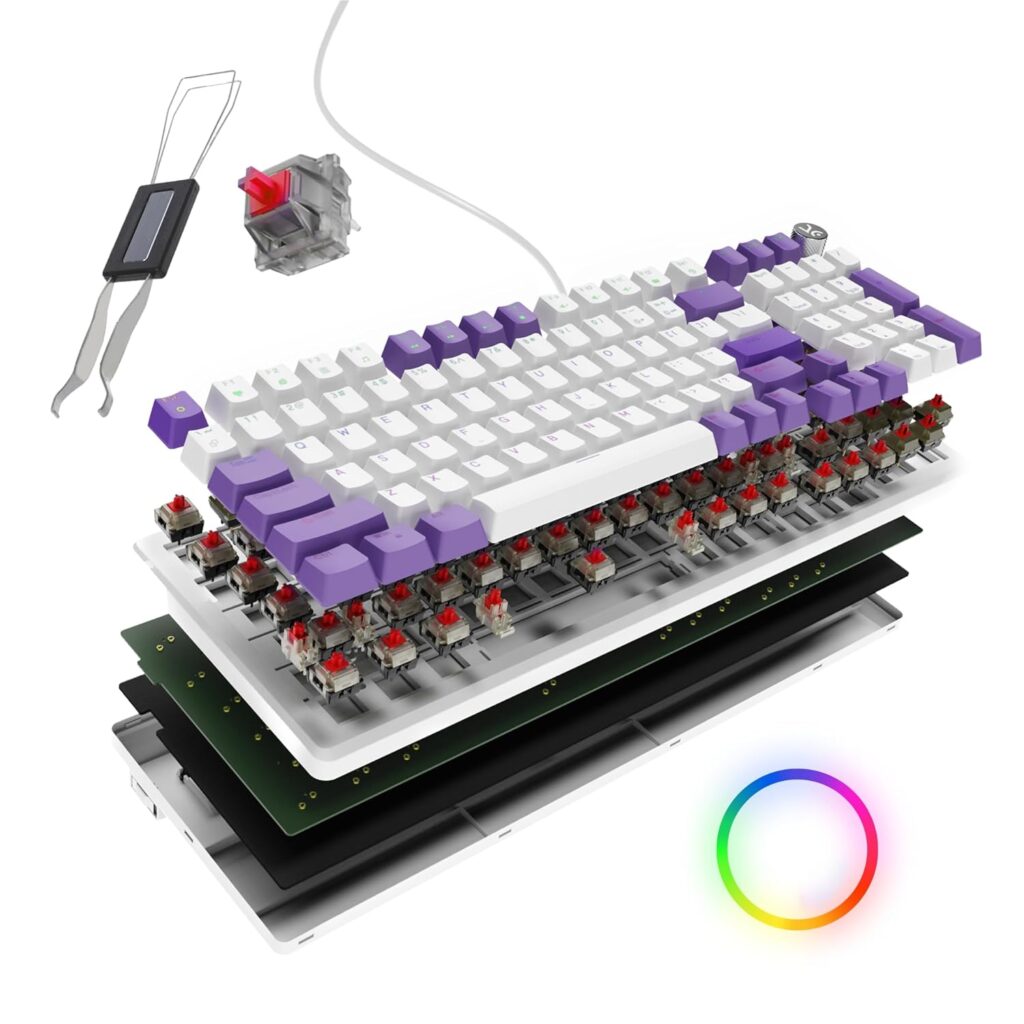 Kreo Hive 98 Wired RGB Mechanical Gaming Keyboard | Full Size 98 Keys, Metal Volume Knob, Per-Key RGB, Hot-Swappable Switches (White-Purple, Red)