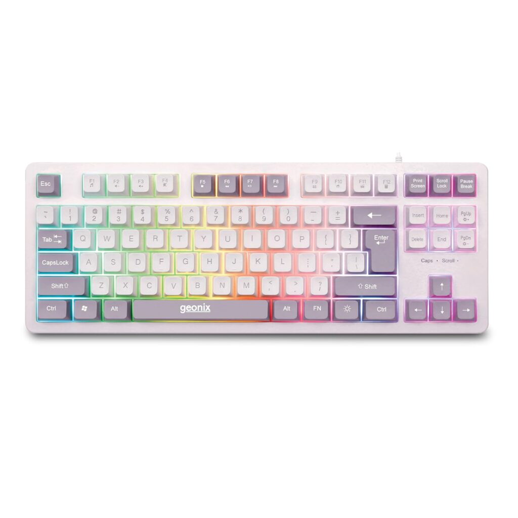 GEONIX Vintage KB4 Retro Style Chiclet Style Keyboard with 87 Keys, Rainbow Backlight, PVC Cable, Durable Body, Compact & Slim Design (White Grey)