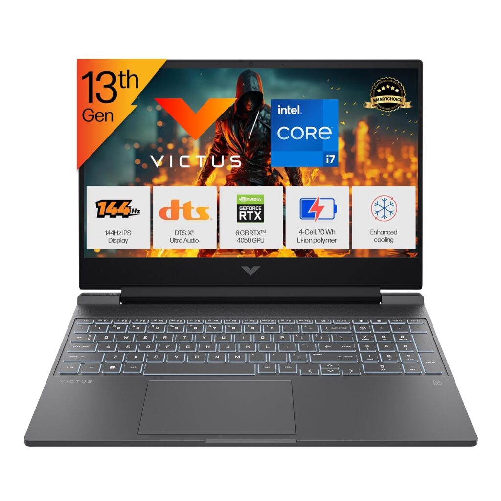 HP Victus, 13th Gen i7-13620H, 6GB RTX 4050, Upgrade(Upto 32GB) 16GB DDR4, 512GB SSD, FHD, 144Hz, IPS, 15.6''/39.6cm, Win11, M365* Office24, Mica Silver, 2.29kg, fa2100TX/2103tx, Backlit,Gaming Laptop