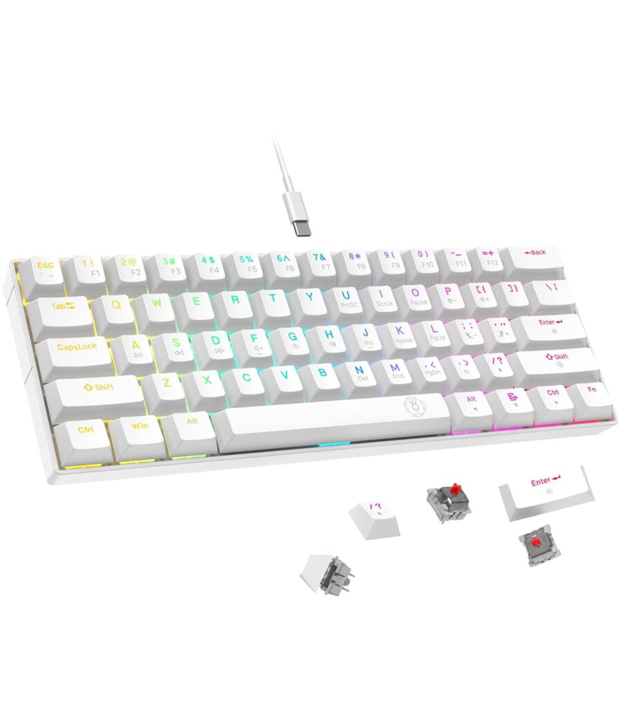 Dr Luxur Pearl 60% RGB Gaming Mechanical Keyboard, 61 Keys OUTEMU Linear Red Switches, Full Key Conflict Free, 24 Rainbow Lighting Effects, 50+ Million Keystrokes, Wired (Pearl, Red Switch)