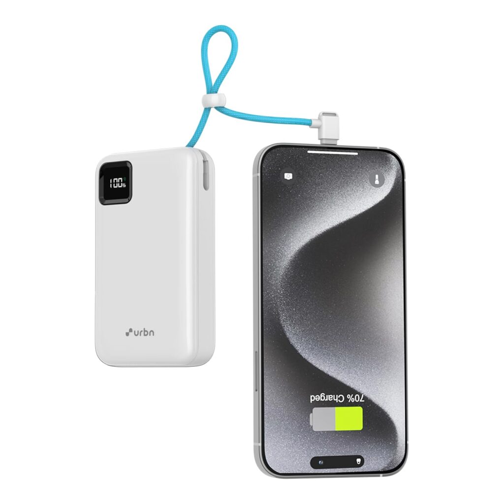 URBN 20000mAh Power Bank with Built-in Type-C Cable | 22.5W Super Fast Charging | Smart LED Display | Dual USB Type-C Output PD + USB Outputs | Pocket Size Portable Charger for Quick Charge (White)