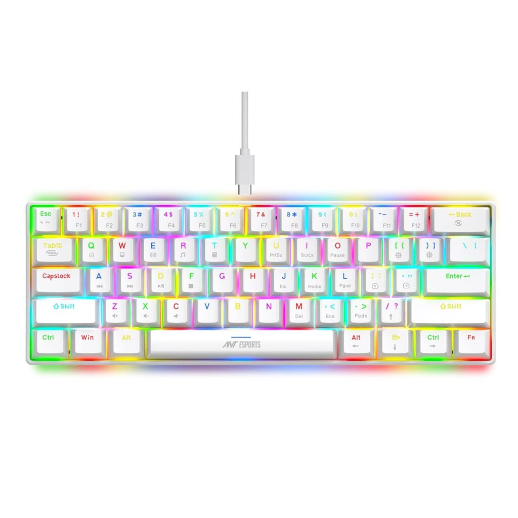 Ant Esports MK1300 V2 Portable 60 Percent Mechanical Keyboard, Compact 61 Keys Mini Gaming Keyboard for PC/Mac Gamer Switchable Colorful RGB Backlit with Software, Swappable Red Switch - White