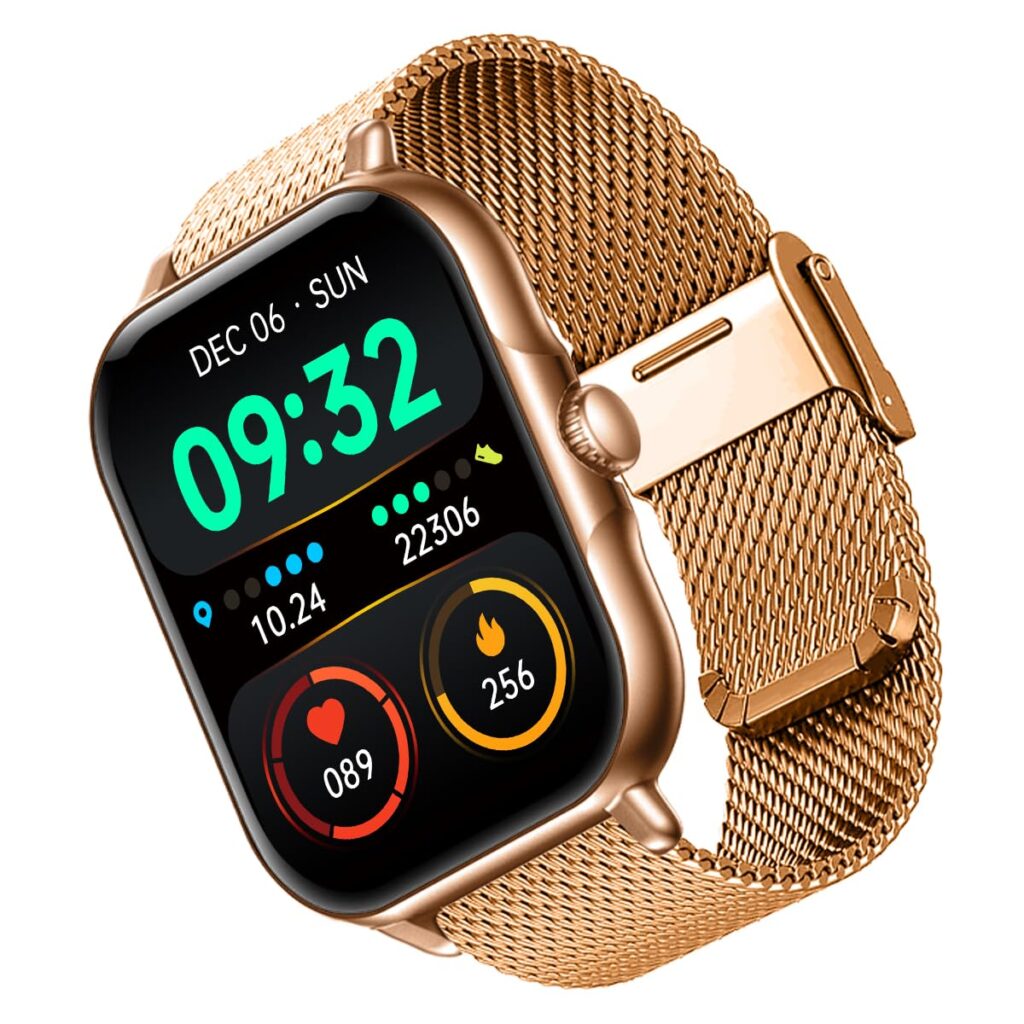 pTron Reflect Callz Smartwatch, Bluetooth Calling, 1.85" Full Touch Display, 600 NITS, Digital Crown, Metal Mesh Strap, 100+ Watch Faces, HR, Sports Mode, 5 Days Battery Life (Gold)