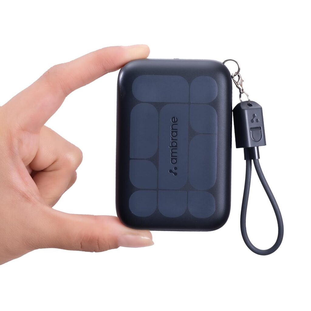 Ambrane Mini Size 10000mAh Powerbank, Very Small Size - Perfect for Hands, Pockets, Bags, in-Built Type C Cable, 22.5W Fast Charging, for iPhone, Android, Other Devices (PowerMini 10, Black)