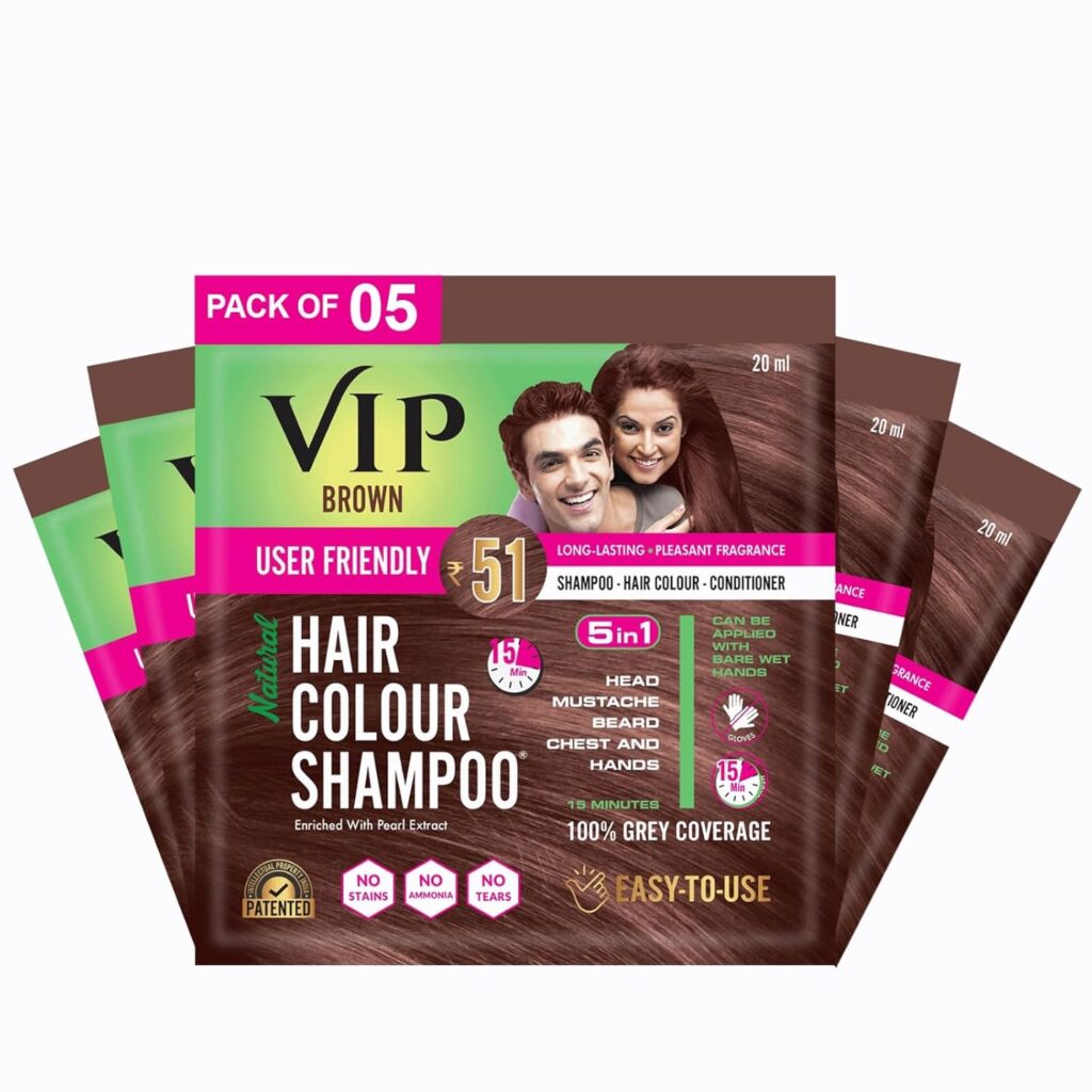 VIP Hair Colour Shampoo - Brown | Ammonia Free Hair Colour for Men and Women | 20ml (Pack of 5)