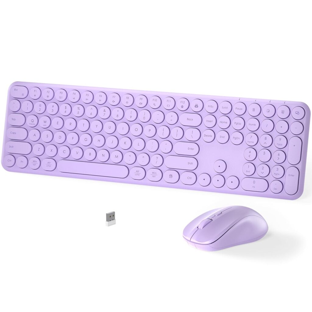 Wireless Keyboard and Mouse Set – MPTOG Full-Sized 110Pcs Slim Round Key Design, Quiet Typing, Adjustable DPI Ergonomic Mouse, Wireless Combo for PC, Mac, Laptop, Tablets(Light Purple)