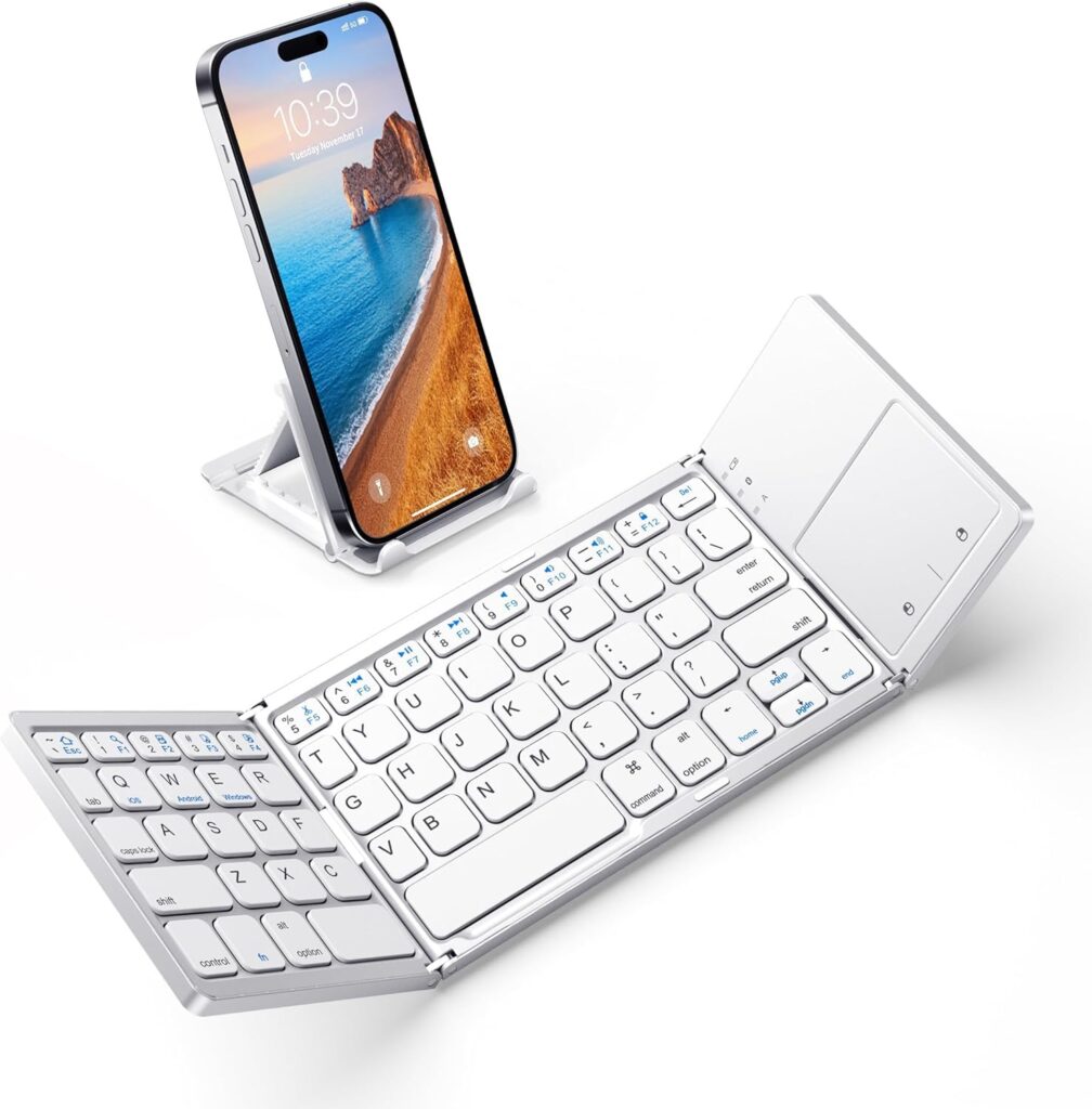 Foldable Bluetooth Keyboard with Touchpad - Portable Wireless Keyboard with Holder, Rechargeable Full Size Ultra Slim Pocket Folding Keyboards for Android Windows iOS Tablet & Laptop - Silver
