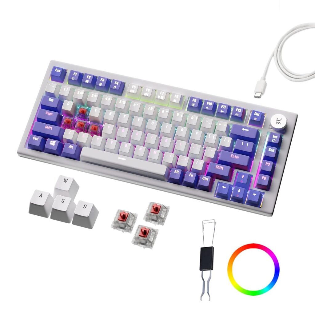 Kreo Hive RGB Anti-ghosting Gaming Keyboard, 75% Tenkeyless Wired Mechanical Keyboard with RGB Backlight, Volume Knob, NKRO, PC Gaming Keyboard Detachable USB C Cable (White-Purple, Red Switch)