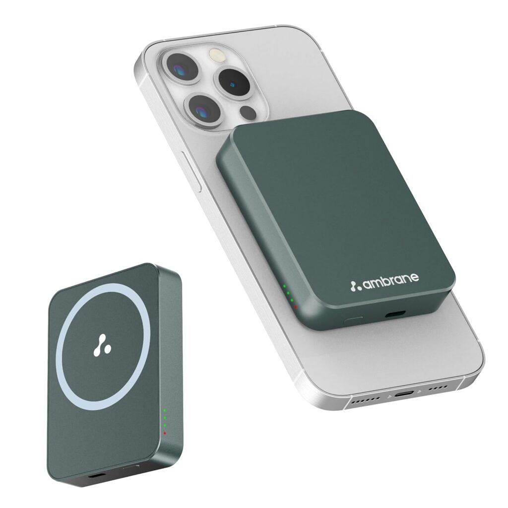 Ambrane 5000mAh Mini MagSafe Wireless Power Bank | 15W Fast Charging | Strong Magnetic Hold | Ultra-Slim | 20W Wired Charging | Compatible with iPhone 15, 14, 13, 12 Series (Aerosync PB5, Green)