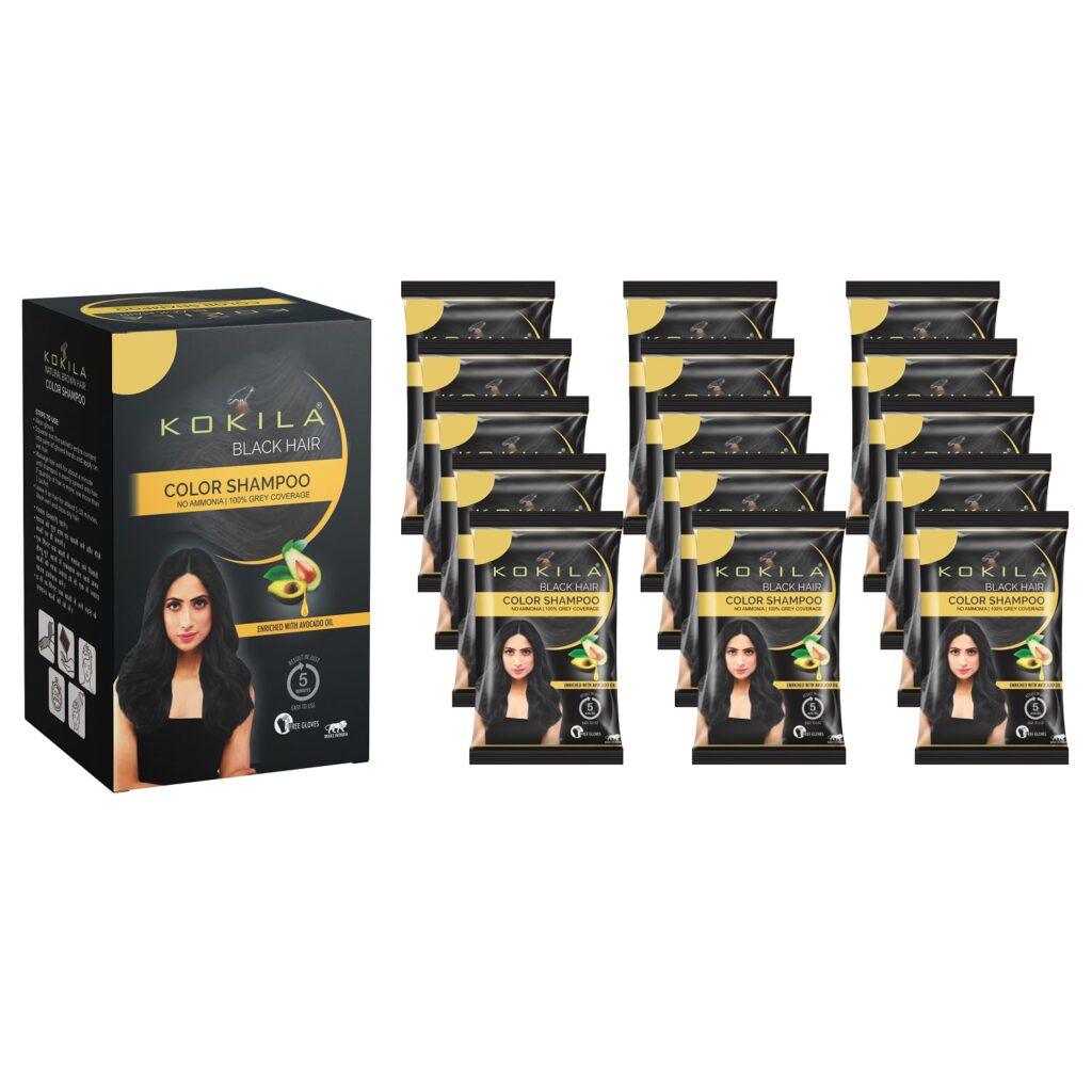 Kokila Unisex Hair Color Shampoo Enriched With Almond Oil in Just 5 Minute, Long-Lasting Instant Hair Color Black Pack of 15 (15ML Each)