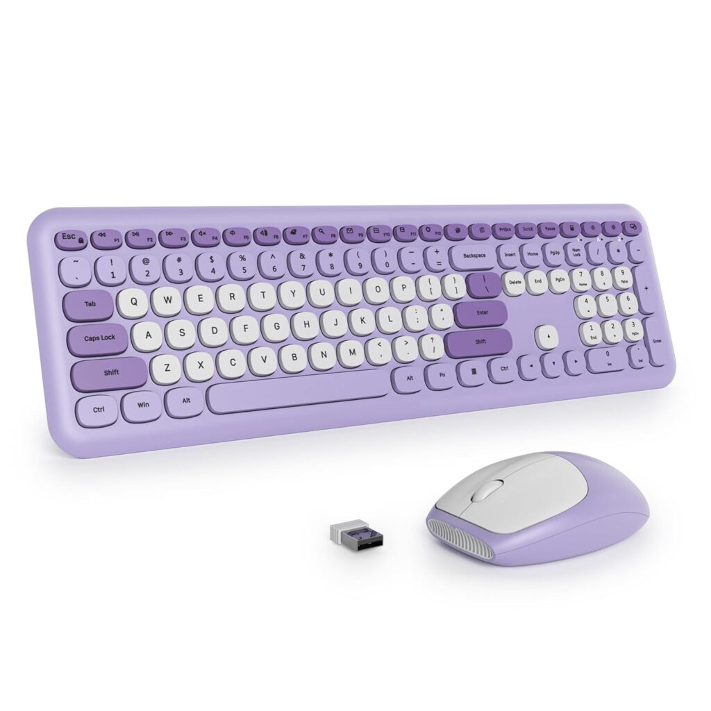 surmen Cute Wireless Keyboard and Mouse Combo, Blue Wireless Keyboard with Silent Mouse, Full Size Slim Low-Noise Keyboard Soft Touch Round Keys for Home and Office(Colorful Purple)