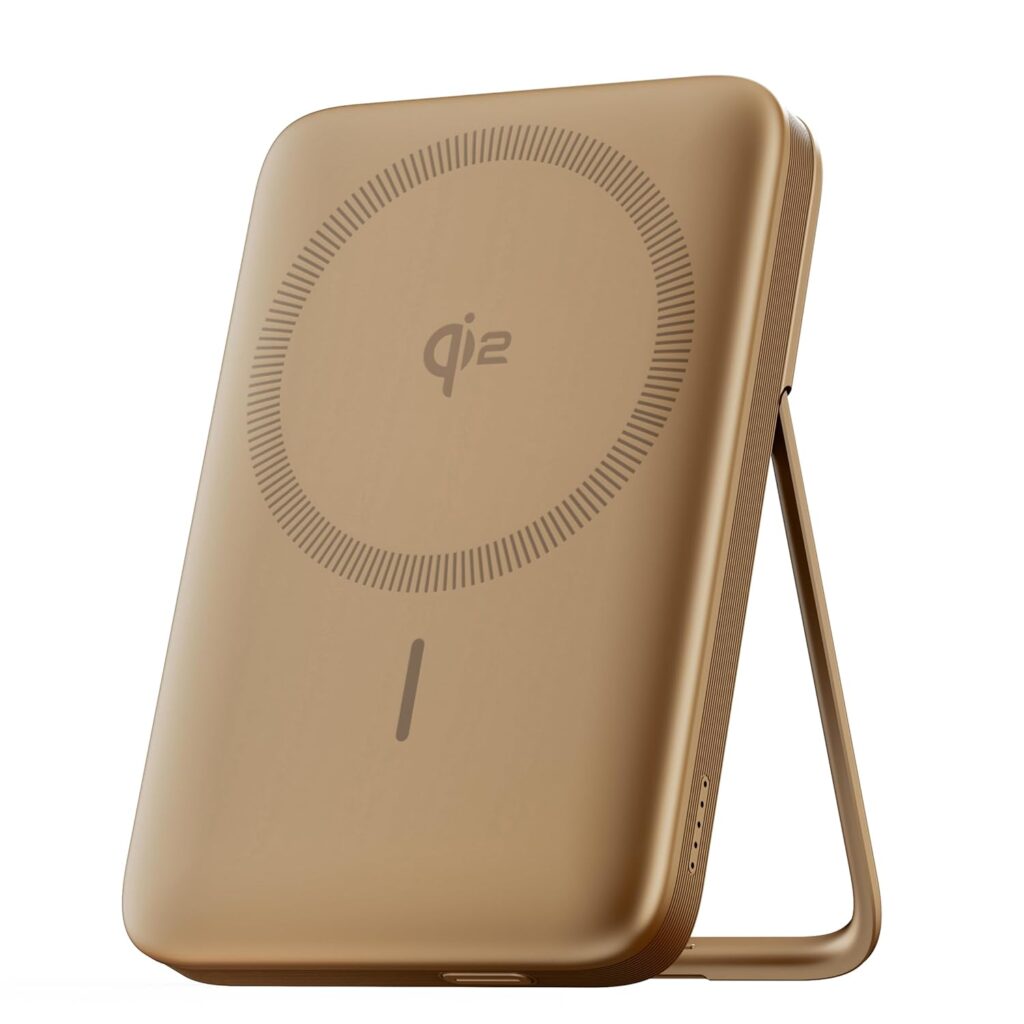Ambrane Qi2 Magsafe Wireless 10000mAh Powerbank, Faster 15W Wireless Charging, Better Magnetic Strength, Low Heat with Qi2 Certified Technology, Metal Stand, for iPhone 12 or Later (MagSurge, Golden)