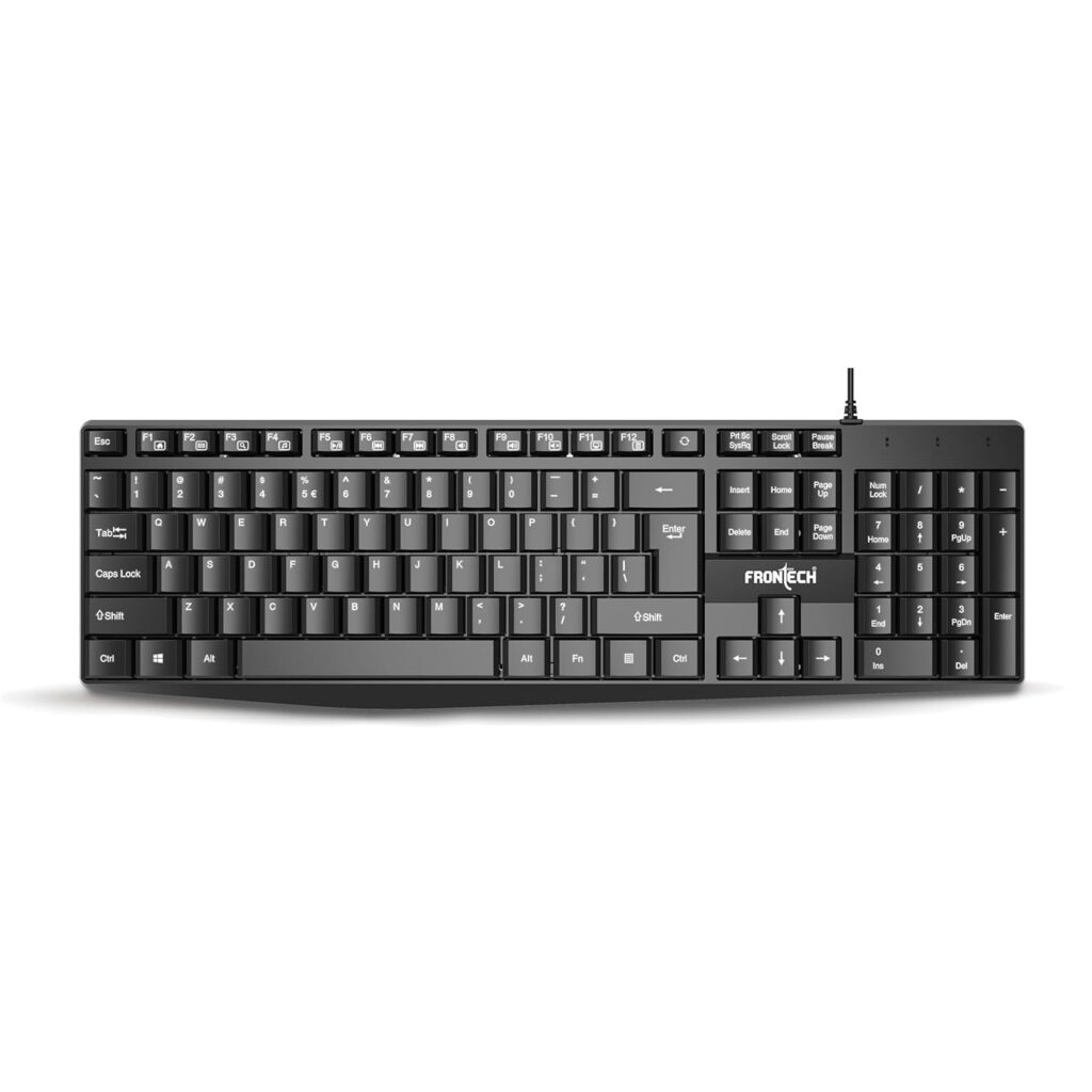 FRONTECH Multimedia USB Wired Keyboard, 105 Keys, 12 Hot Keys, Ergonomic Design with Adjustable Clips, Soft & Laser Printed Keys, Plug and Play (KB-1671)