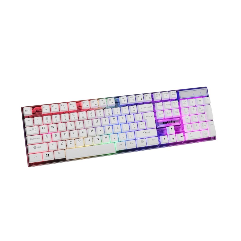 Zebion YAMA LED Gaming Keyboard with Splash Resistance, 104 Keys Rainbow Backlit Keyboard, White Gaming Keyboard for PC Laptop Xbox PS4 Gamers and Work (White)