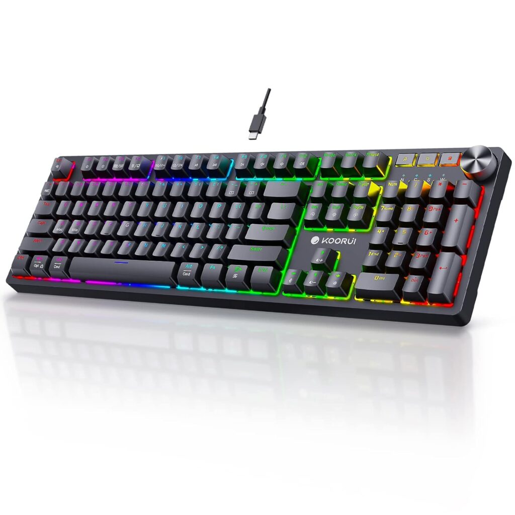 KOORUI Wired Gaming Keyboards with Blue Switch,Hot-Swap Mechanical Keyboard with Volume Knob, 26 RGB Backlit Light Up Keyboard, Full Keys Anti-Ghosting, Dual Color Injection Molded Keycaps for PC