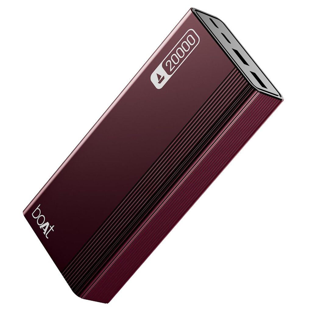 boAt Energyshroom PB401 20000mAh Power Bank| Micro USB and Type C (2-Way Input Ports), 22.5W, 3X Output Ports, Compatible with Tablets, Smartphones, Earbuds, Smartwatch (Wine Red)