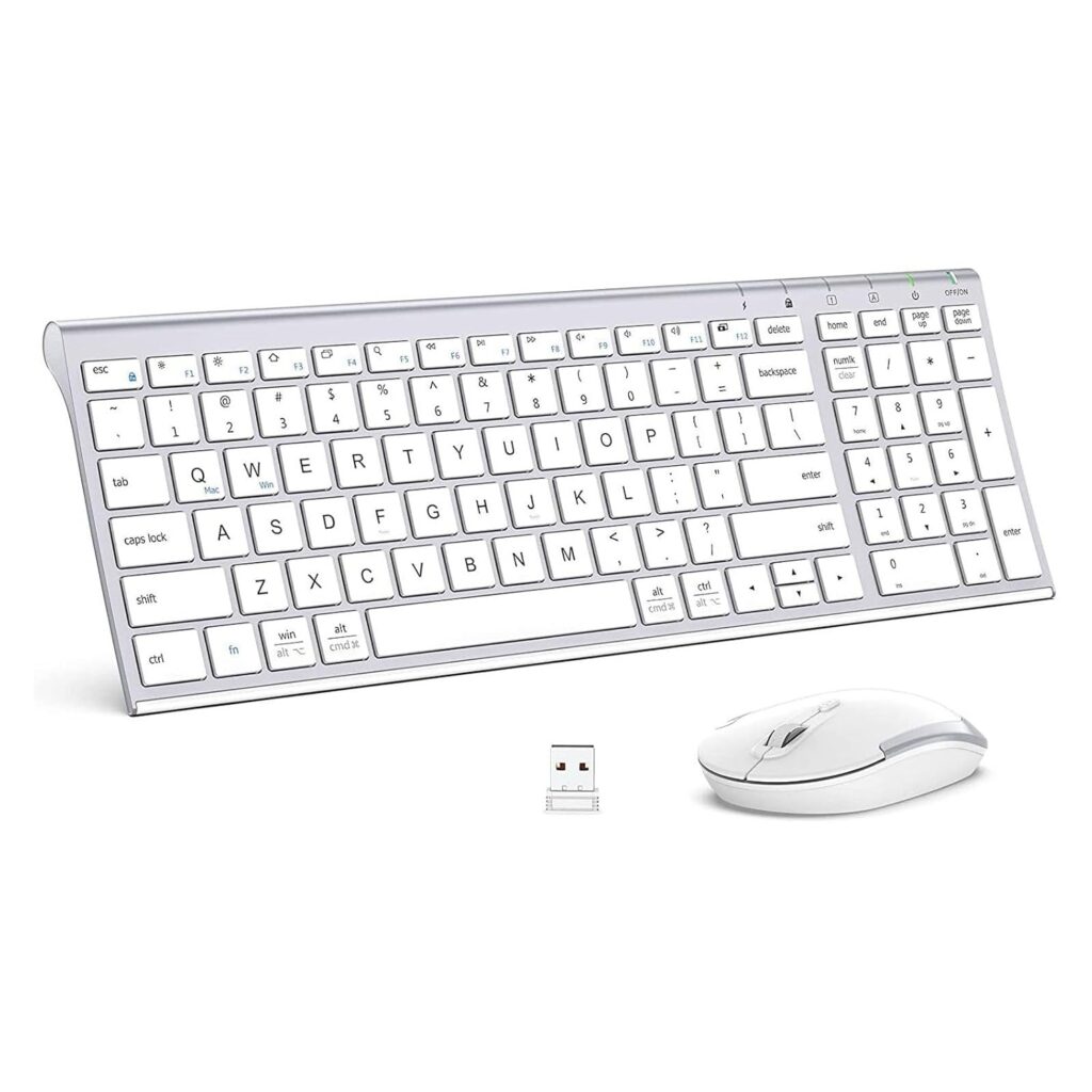 iClever Wireless Keyboard & Mouse Combo GK03-2.4G Portable Wireless Keyboard Mouse with Rechargeable Battery, Ergonomic Design, Full Size, Slim & Thin, Stable Connection, Adjustable DPI, Silver/White