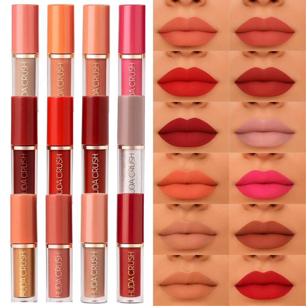 HUDACRUSH Mini Lipstick Combo Set - 12Pcs Liquid Lipstick Waterproof, Long Lasting Matte Finish, Red, Pink, Maroon, Nude, Brown Lipstick Gift Set for Women - Perfect Lipstick for Dusky Skin Tone