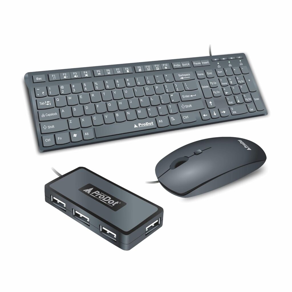 ProDot High-Performance Wired Multimedia Chicklet Keyboard, Mouse & USB Hub Set for Laptop, PC, Game and Office Work (Black)