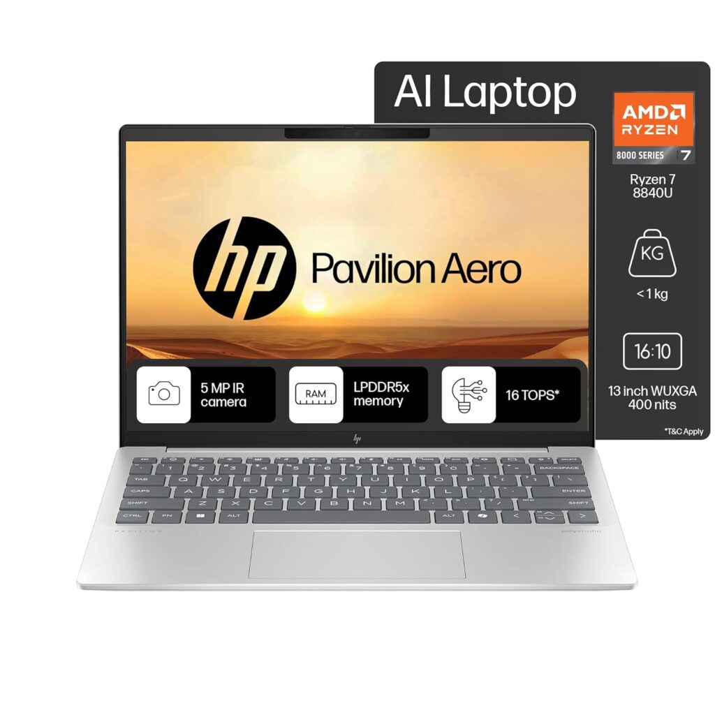 HP Pavilion Aero, AMD Ryzen 7-8840U AI Laptop, 16 Tops (16GB RAM, 512GB SSD), WUXGA 13.3"/33.8cm, Win 11, Office 2021, Silver, 1Kg, AMD Radeon Graphics, Ultra-Light, 5MP Camera, bg0017AU