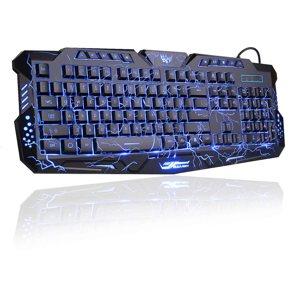 BlueFinger LED Gaming Keyboard,Mechanical Feeling USB Wired Computer Keyboard,114 Keys Letters Glow,3 Color Blue/Red/Purple Led Backlit Keyboard for Laptop PC Computer Game Work