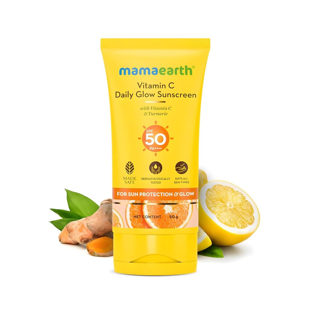 Mamaearth Vitamin C Daily Glow Sunscreen with Vitamin C & Turmeric | For Sun Protection, Tan Protection & Glow | SPF 50 & PA++++ Protection | No White Cast | Lightweight & Non-Sticky | Brightens Skin | For All Skin Types | 50 g