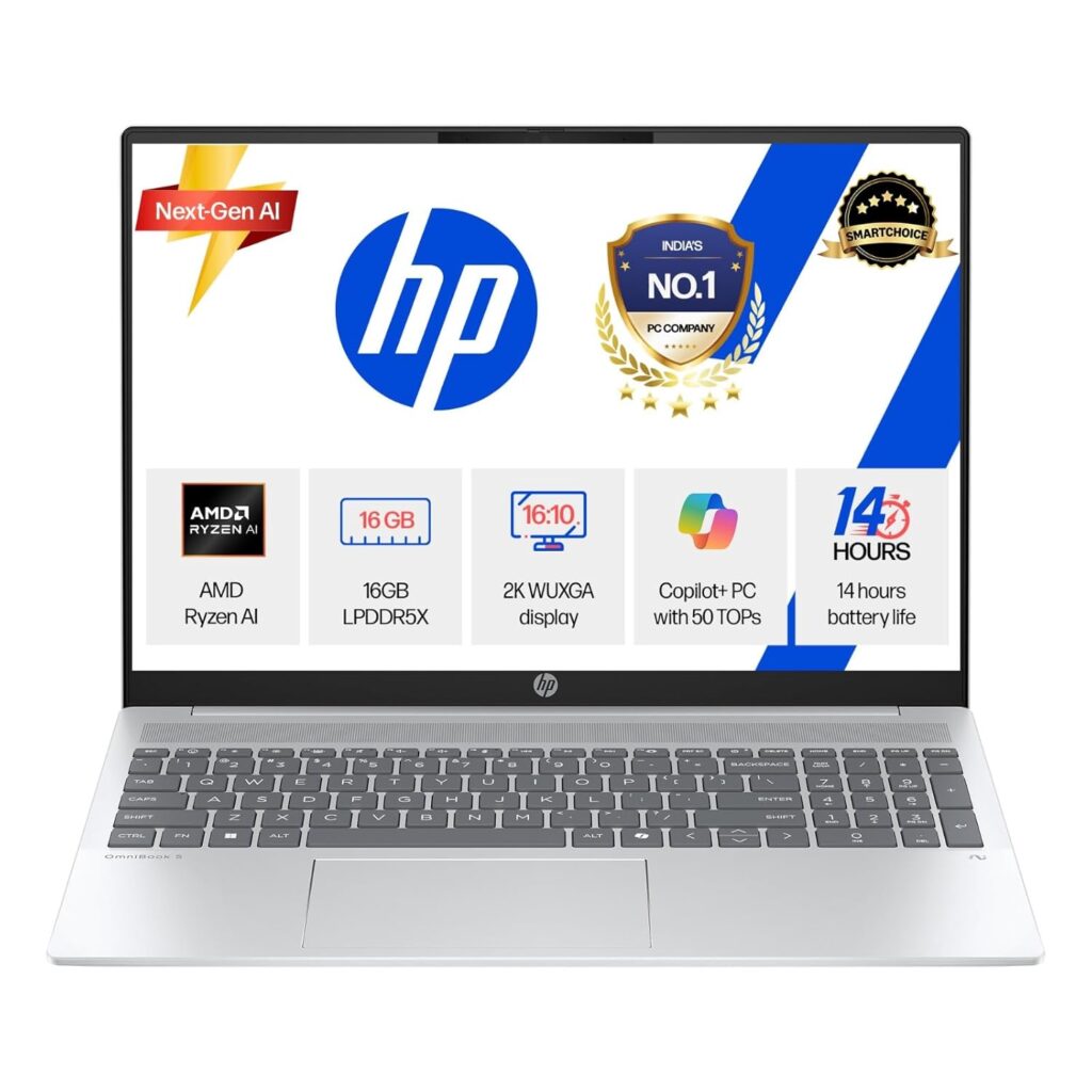 HP OmniBook 5 (Previously Pavilion) 50 TOPS, AMD Ryzen AI 7 350 (16GB LPDDR5X, 512GB SSD) WUXGA, 2K,IPS, 16''/40.6cm, Touchscreen, Win11, Office24, Silver, 1.8kg, ag1048au, Next-Gen AI Copilot+ Laptop