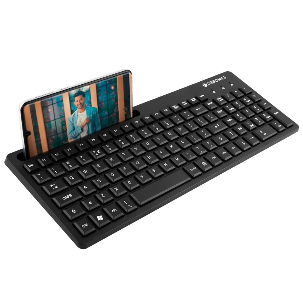 ZEBRONICS K36 Wired USB Keyboard with 106 Keys, Slim Design, Smartphone Holder, Retractable Stand, 1.2m Cable Length with Â‚Rupee Key