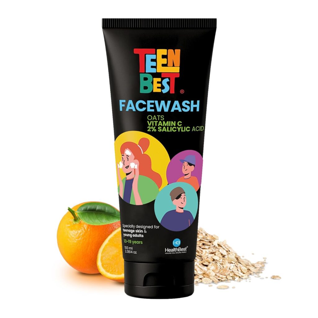 Healthbest 2% Salicylic Acid Face Wash for Teens Fights Acne Pimples & Blackheads Gentle Cooling Cleanser with Niacinamide, Aloe Vera & Oat Extract for Oily & Sensitive Skin, Boys & Girls 100ml