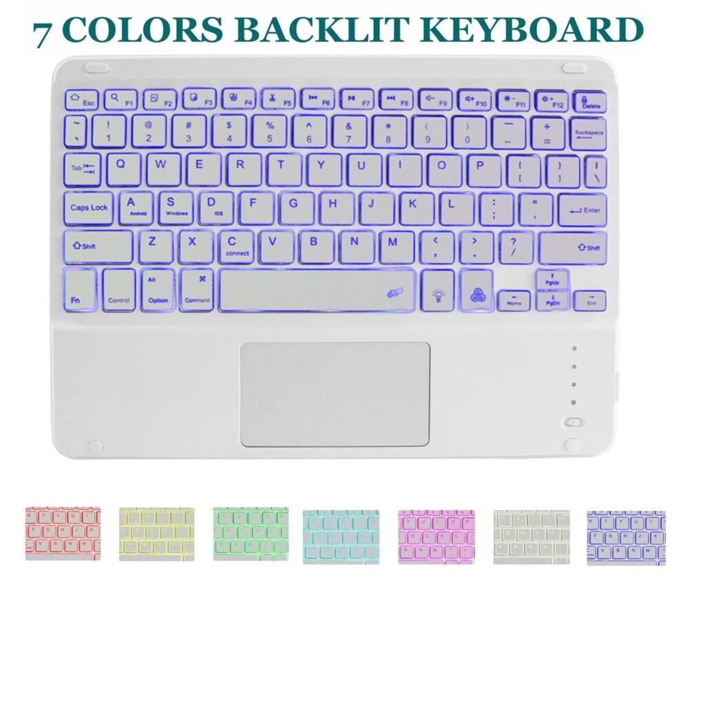 FKU 10inch Wireless Bluetooth Keyboard with Connect 3 Devices, Smart Touchpad, 7 Colors Backlit, Silent & Slim Keyboard for iPad Air, Pro, Tablets, iOS, Android, Windows, Mac, Smartphone (White)
