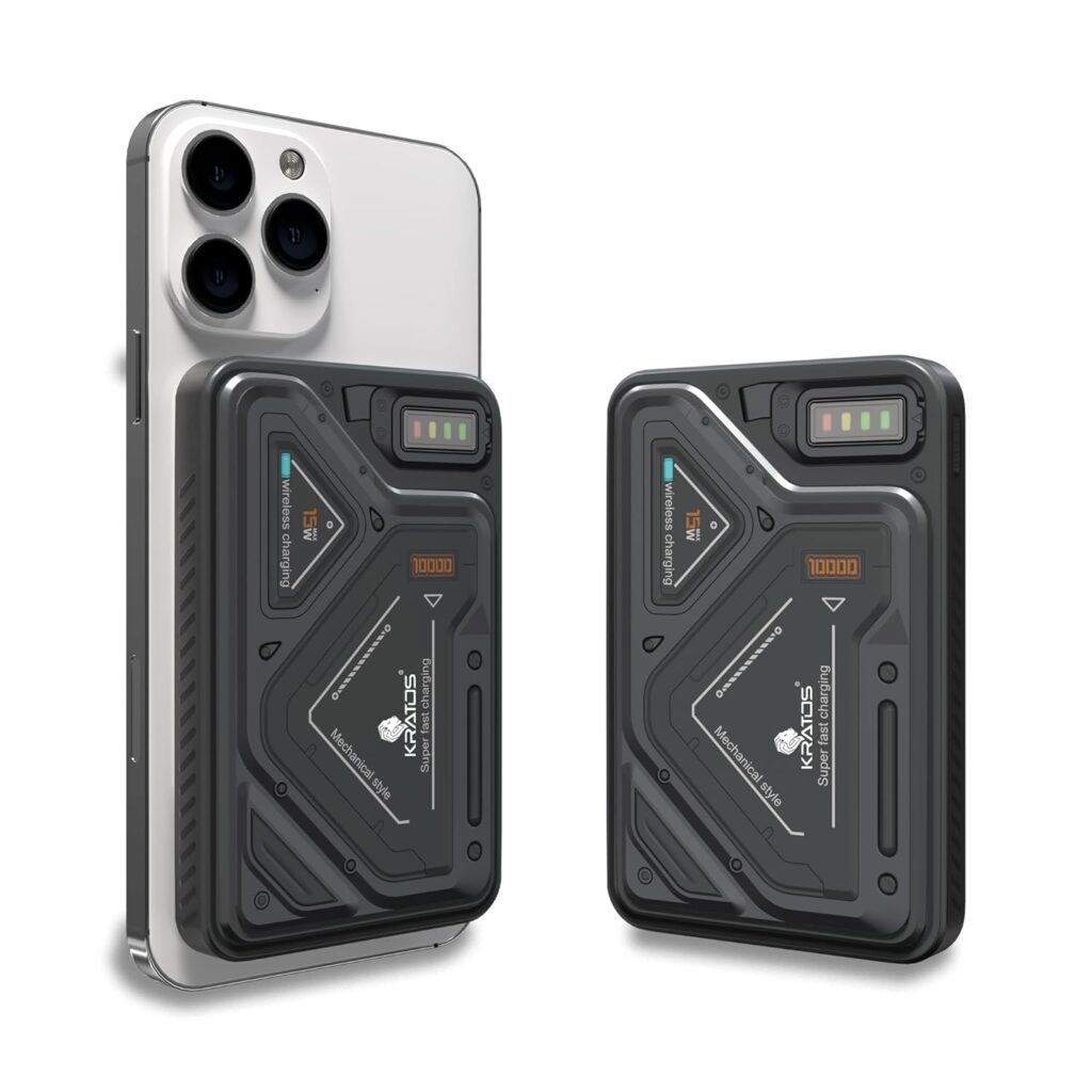 Kratos PB03 Mechanical 10000mAh Magsafe Powerbank, 22.5w Type C & 15w Wireless, Type C Connector, USB A Dual Port Wireless Power Bank for iPhone & Other Qi Enabled Phones with Led Indicator,Black