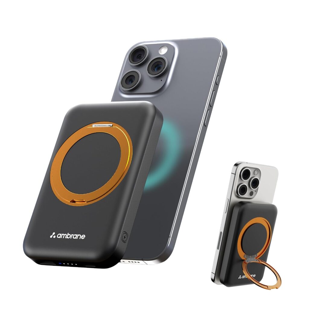 Ambrane MagSafe Wireless 10000mAh Fast Charging Power Bank with Mobile Stand, Strong Magnet, 22.5W Output for iPhone 12 & Above, Android & Other Qi Enabled Device + Magnetic Ring (Mount, Black)