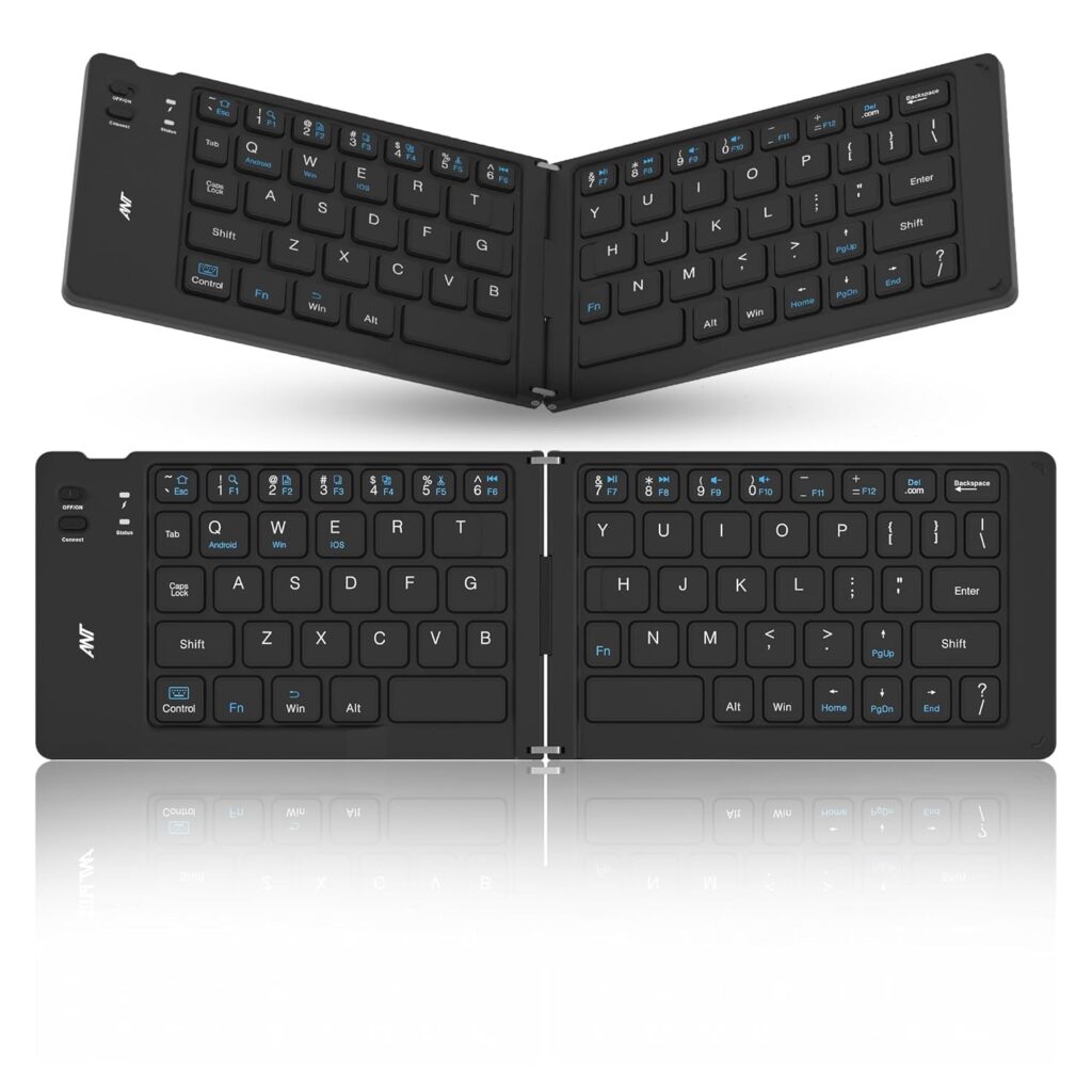 ANT WK150 Ergonomic Foldable Wireless Bluetooth Keyboard Split Travel Keyboard Wireless Rechargeable Portable Wireless Keyboard Compatible with iOS Android Windows Smartphone Tablet or Laptop-Black