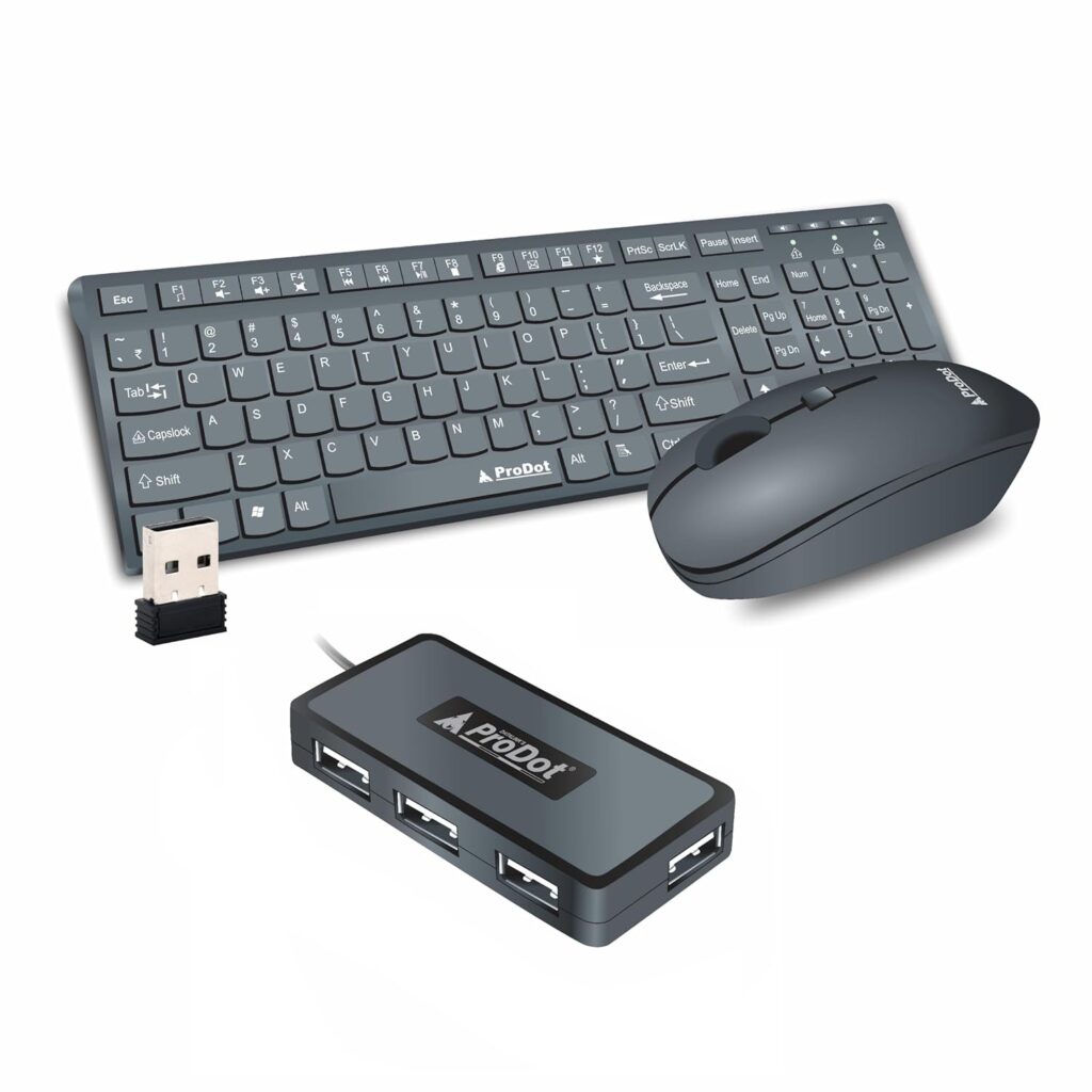 ProDot Wireless Chicklet Keyboard, Mouse & Wired 4 Port USB Hub Set I Plug & Play I Adjustable 1000-1600 DPI I 10M Keystrokes I 480 Mbps Transfer Speed I Works with Windows, iOS, Linux