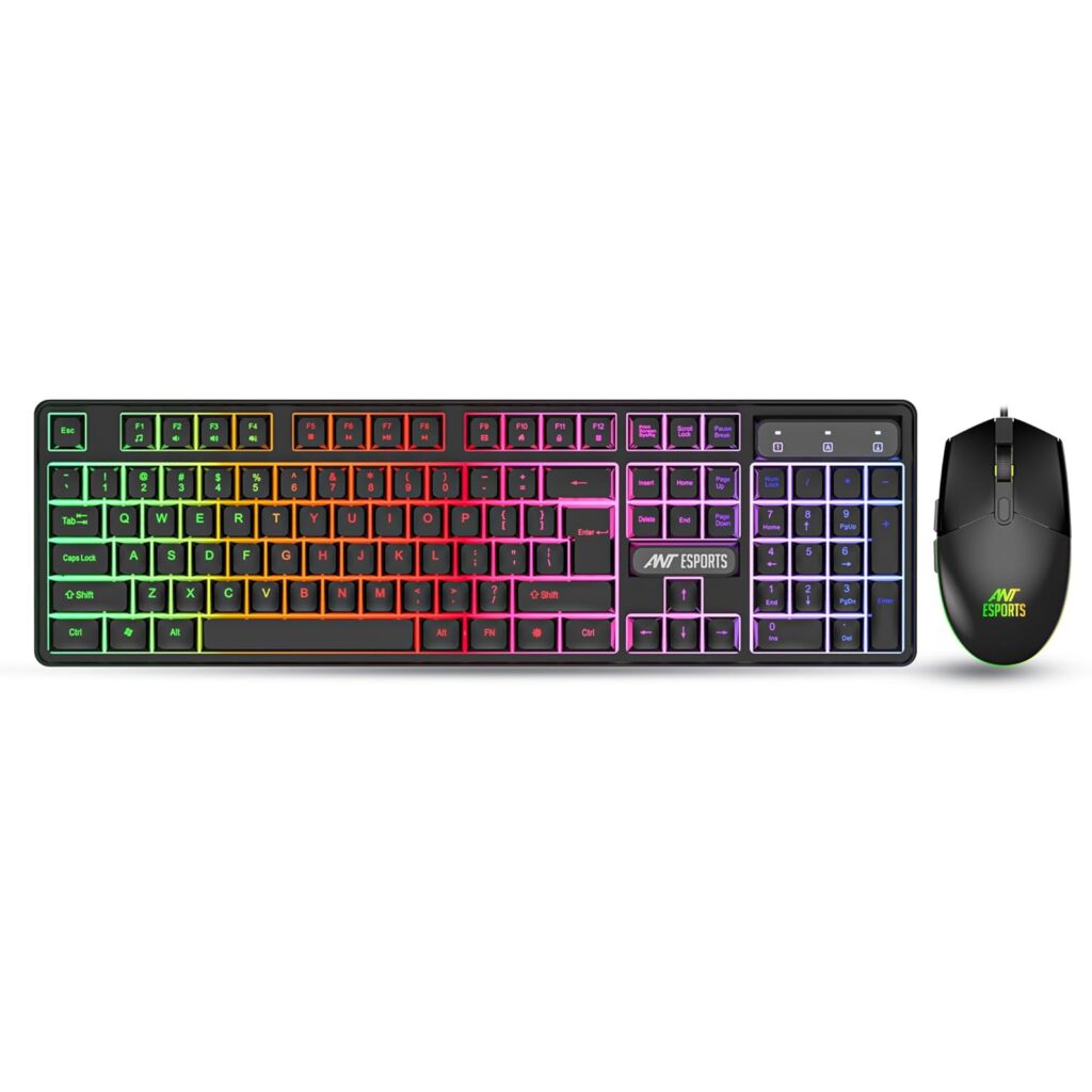 Ant Esports KM1650 Gaming Keyboard & Mouse Combo, Wired Backlit Rainbow LED Keyboard & 3200 DPI Gaming Mouse for PC/Laptop - Black