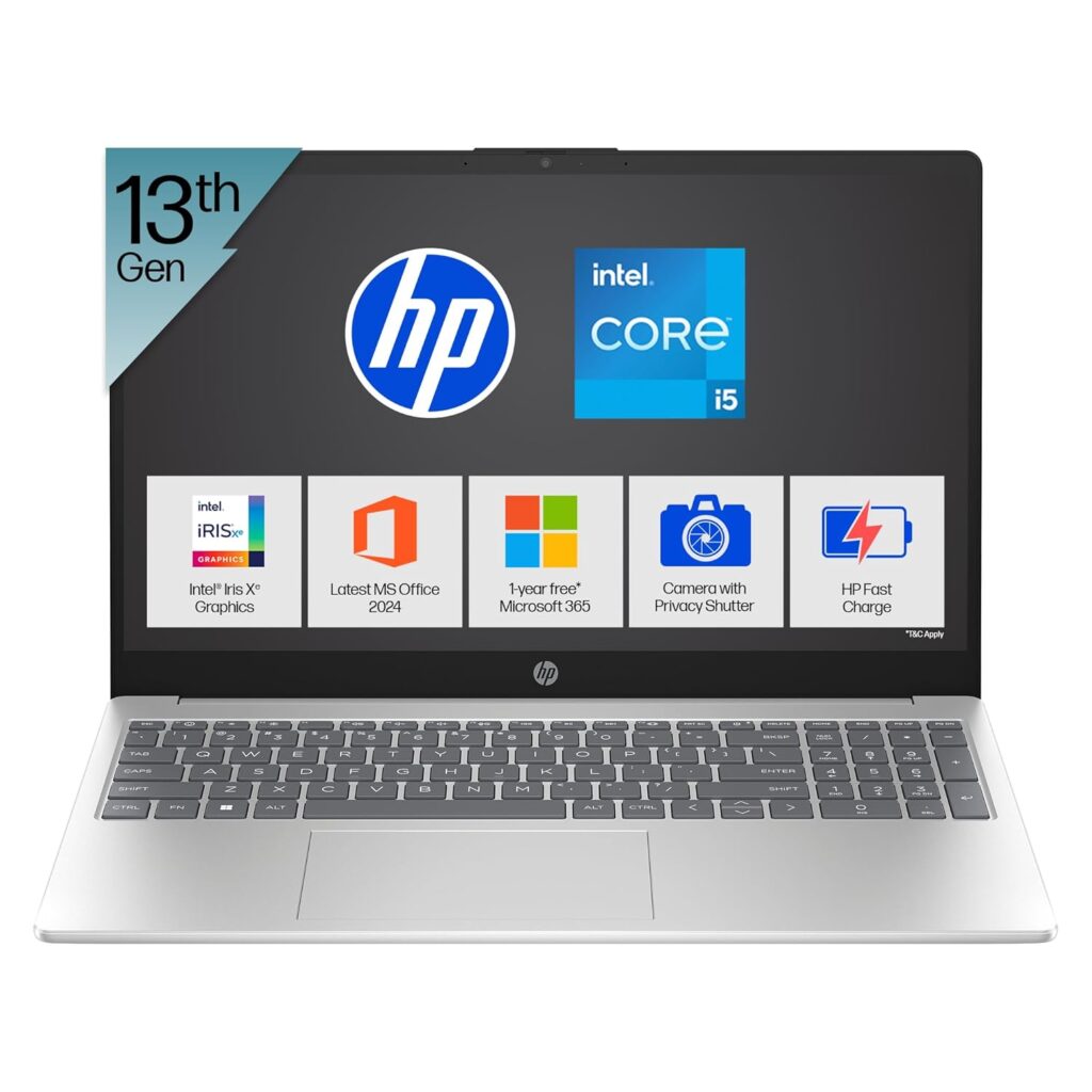 HP 15, 13th Gen Intel Core i5-1335U Laptop (16GB DDR4,512GB SSD) Anti-Glare, Micro-Edge,15.6''/39.6cm, FHD, Win11,M365,Office24, Silver,1.59kg, Iris Xe Graphics, FHD Camera w/Privacy Shutter, fd0577TU