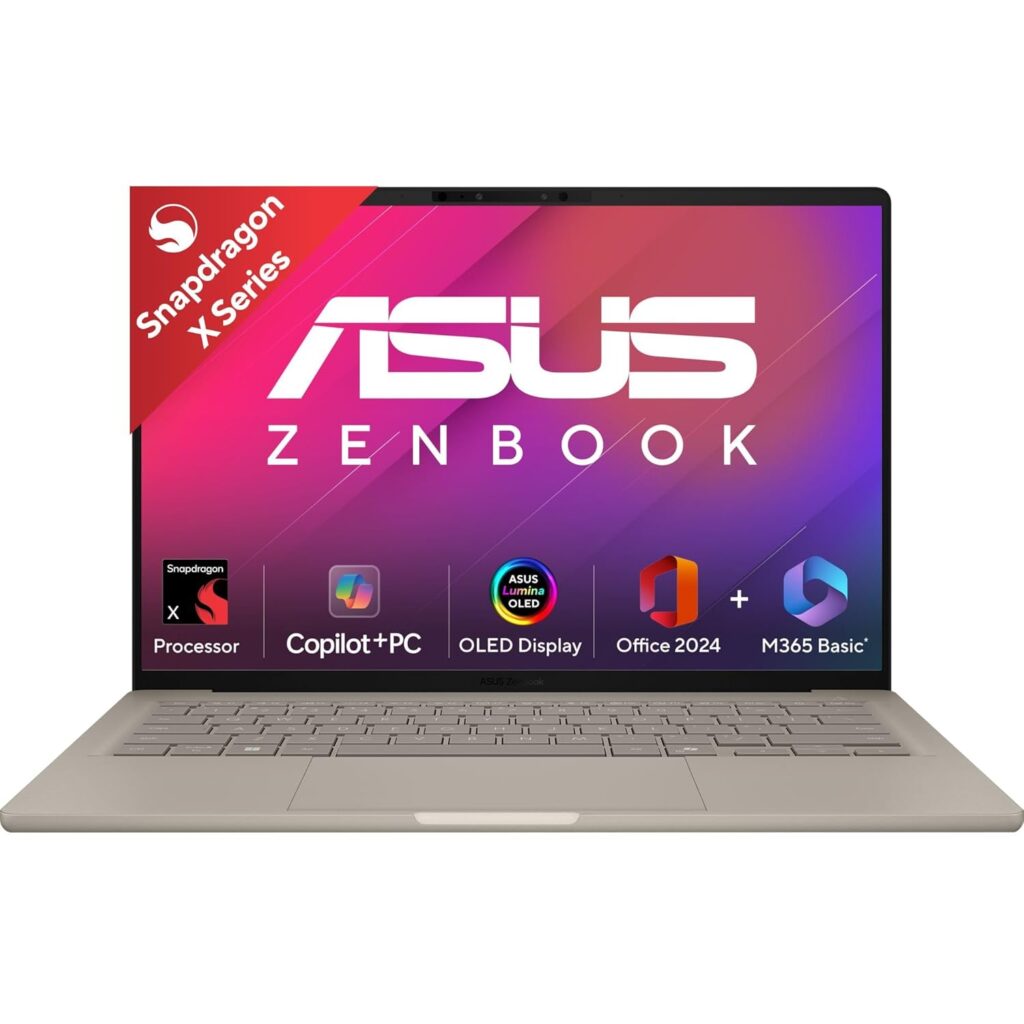 ASUS Zenbook A14 OLED (2025),Qualcomm Snapdragon X, Copilot+PC, 0.9kg Light-Weight, 14""(35.6 cm),32hrs Battery Life*(16GB/512GB/Windows 11/MSO 2024/M365 Basic-1yr/AI PC/Metal Body/UX3407QA-QD258WS)