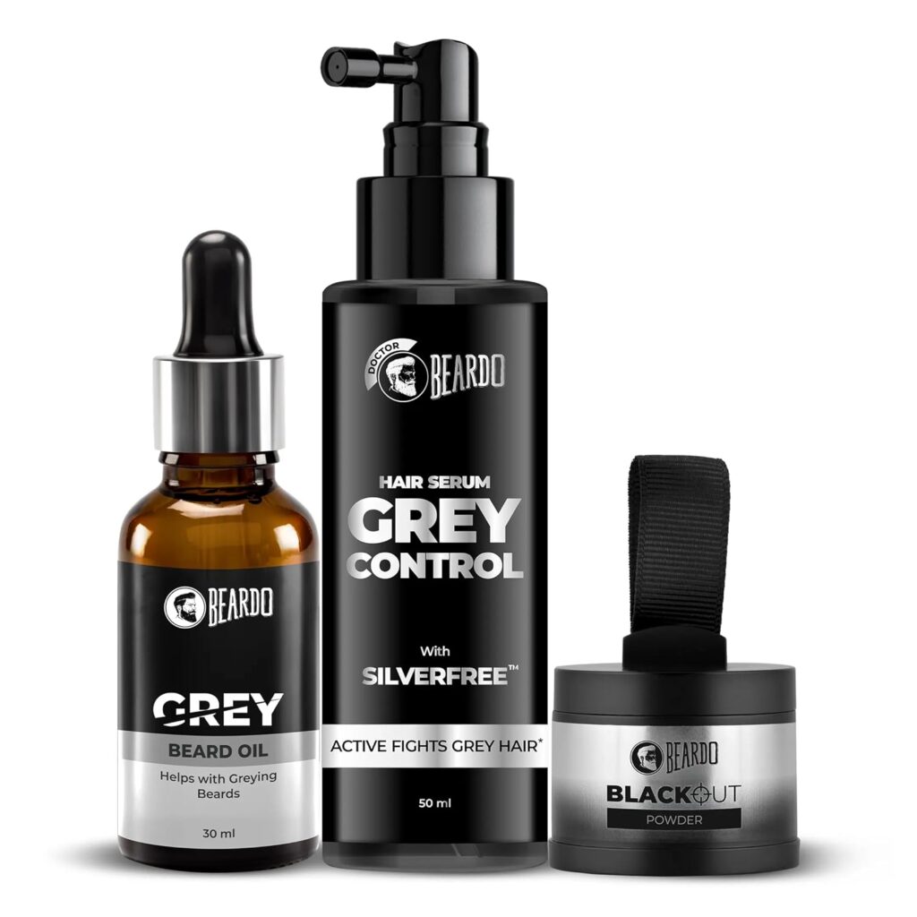 Beardo Grey Fix Kit for Men | Anti-Grey Hair Serum, Beard Oil & Blackout Powder | Reverse Greying, Restore Natural Look | Root Touch Up for Hair | Kit for Men-Set of 3