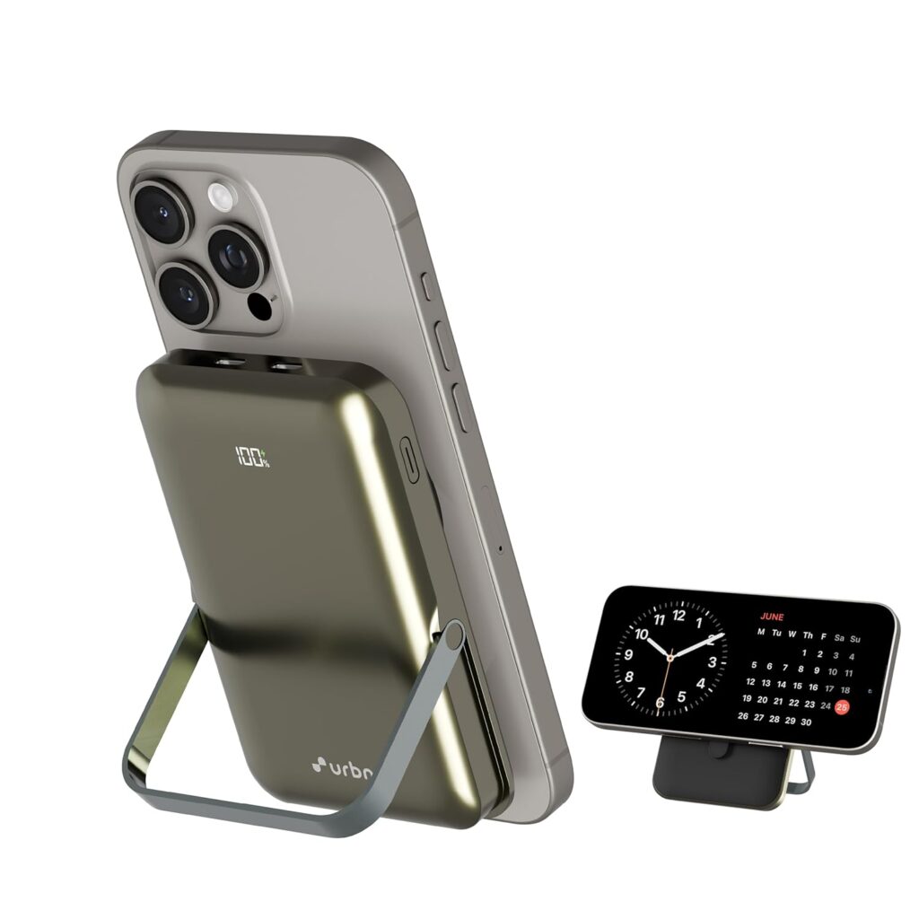 URBN 10000 mAh Stand Pro Magsafe Power Bank with Foldable Metalic Stand | 15W Fast Wireless Charging | Type C Input/Output | Pass Through Charging | MagTag Ring Included | (Gun Metal)