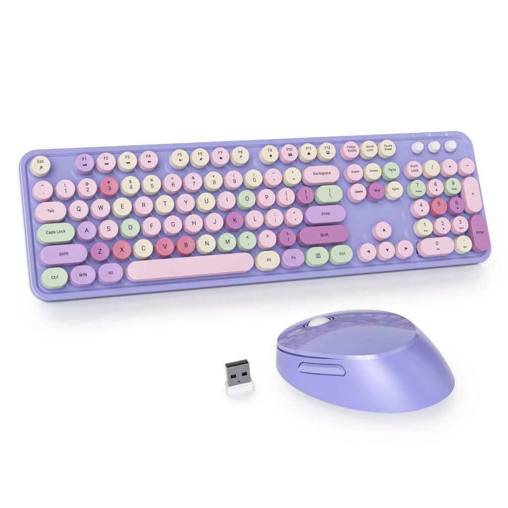 Ussixchare Purple Wireless Keyboard and Mouse, Cute Keyboard and Mouse Combo, Full Size Typewriter Keyboards with Number Pad, Colorful Key Board for Pc Laptop